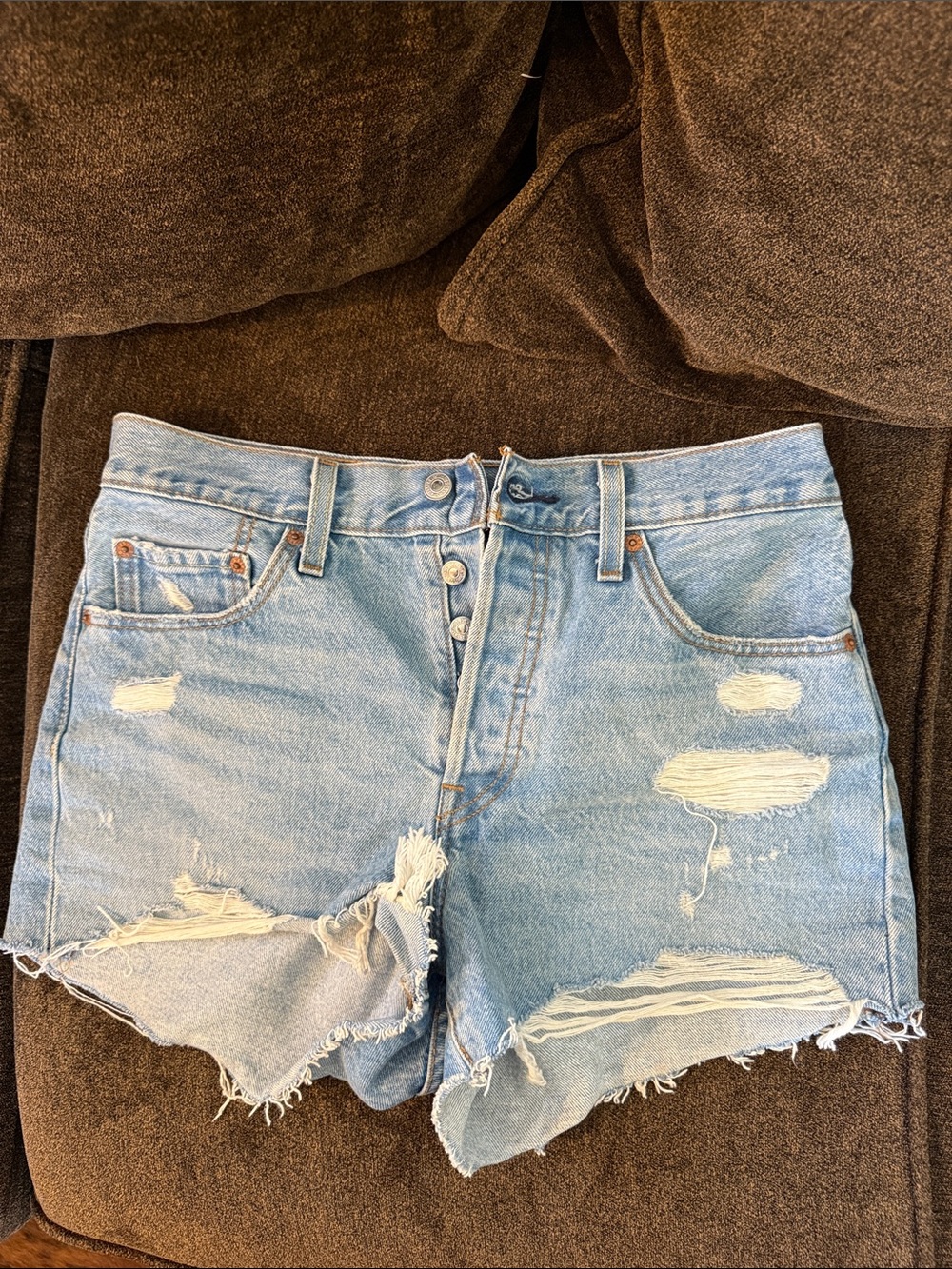 501 Levi's Light Blue Distressed High-Rise Denim Shorts